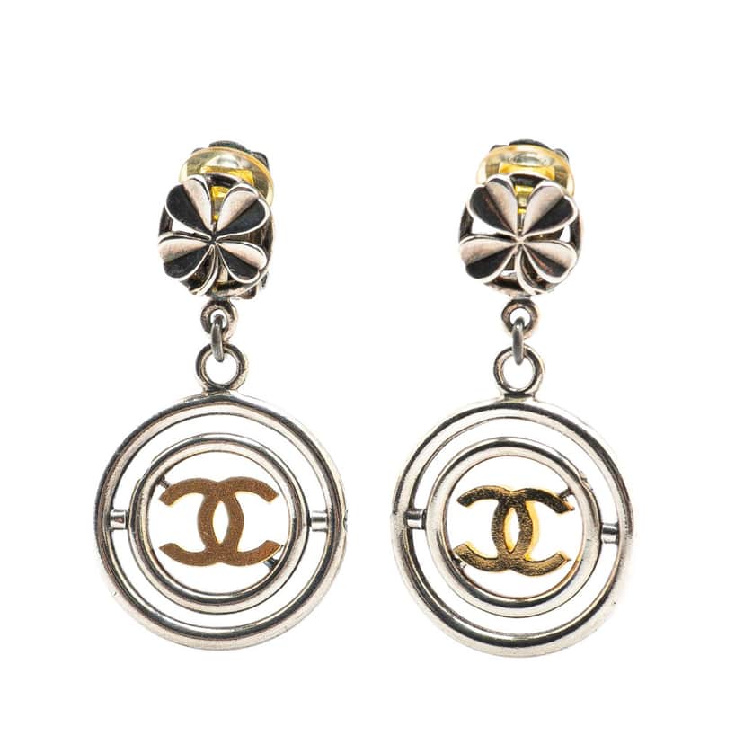 Chanel Silver Clover CC Drop Clip on Earrings Silver Silver Good condition - Front View