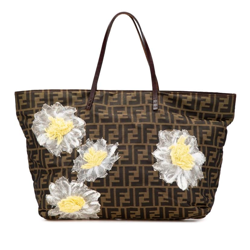 Fendi Zucca Canvas Flower Applique Tote Brown Canvas Good condition - Front View