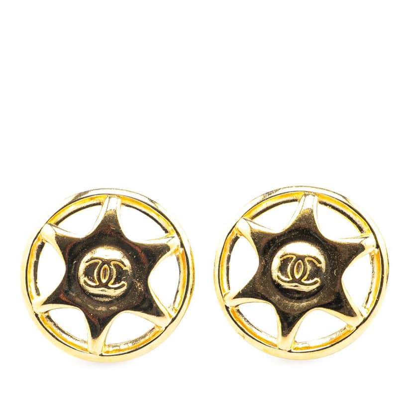 Chanel Gold Plated CC Round Star Clip On Earrings Gold Metal Good condition - Front View