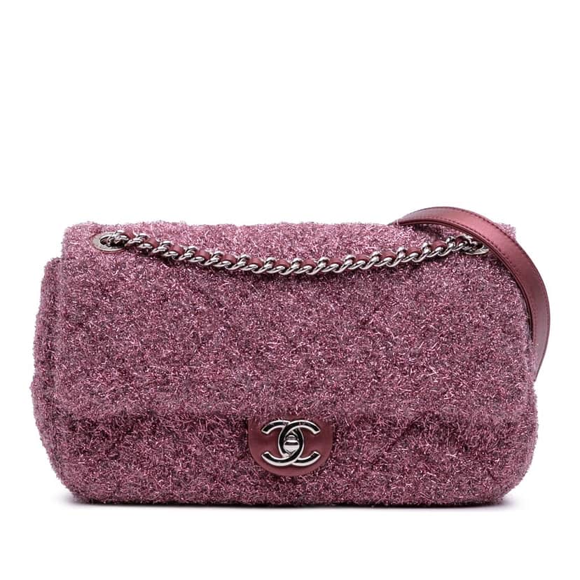 Chanel Medium Quilted Metallic Knit Pluto Glitter Flap Pink Polyester Good condition - Front View