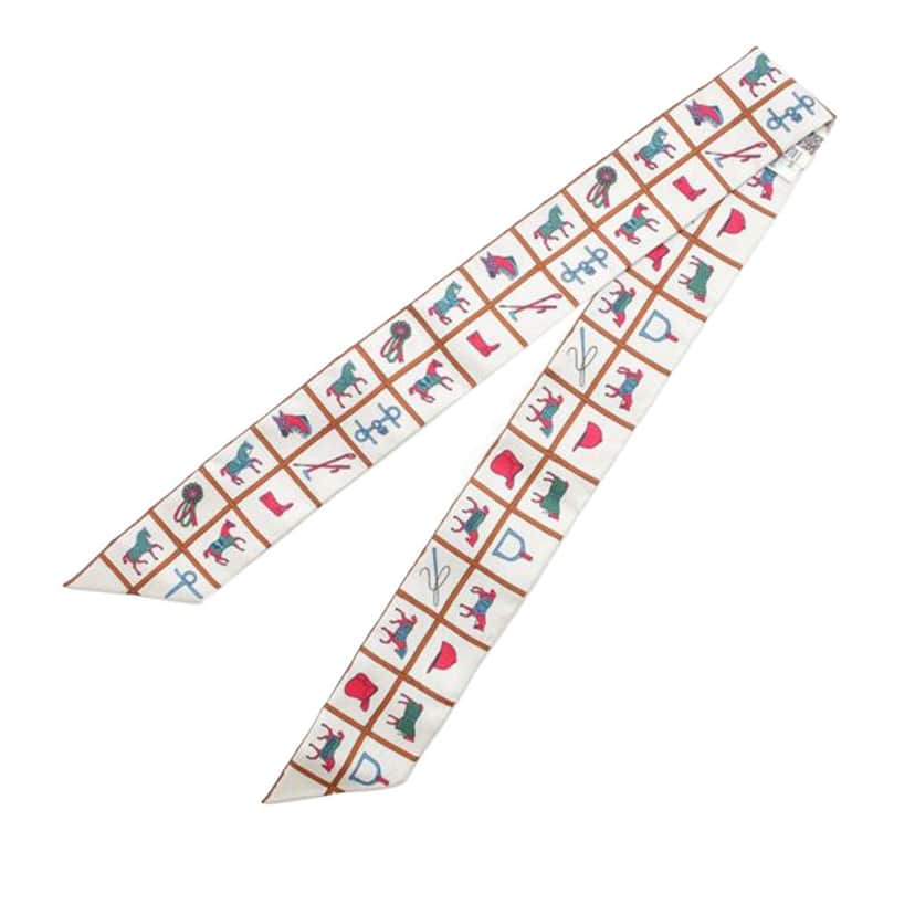 Hermès Couvertures et Tenues de Jour Silk Twilly Scarf White Silk Very good condition - Front View