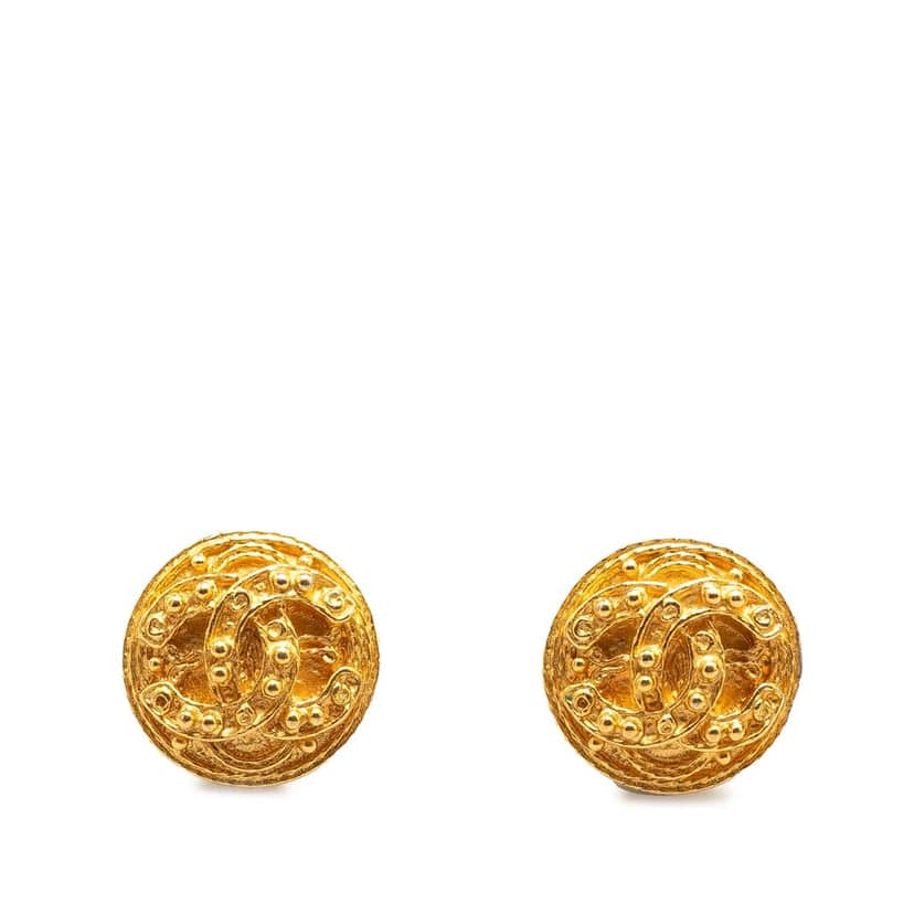 Chanel CC Gold Plated Button Clip On Earrings Gold Metal Good condition - Front View