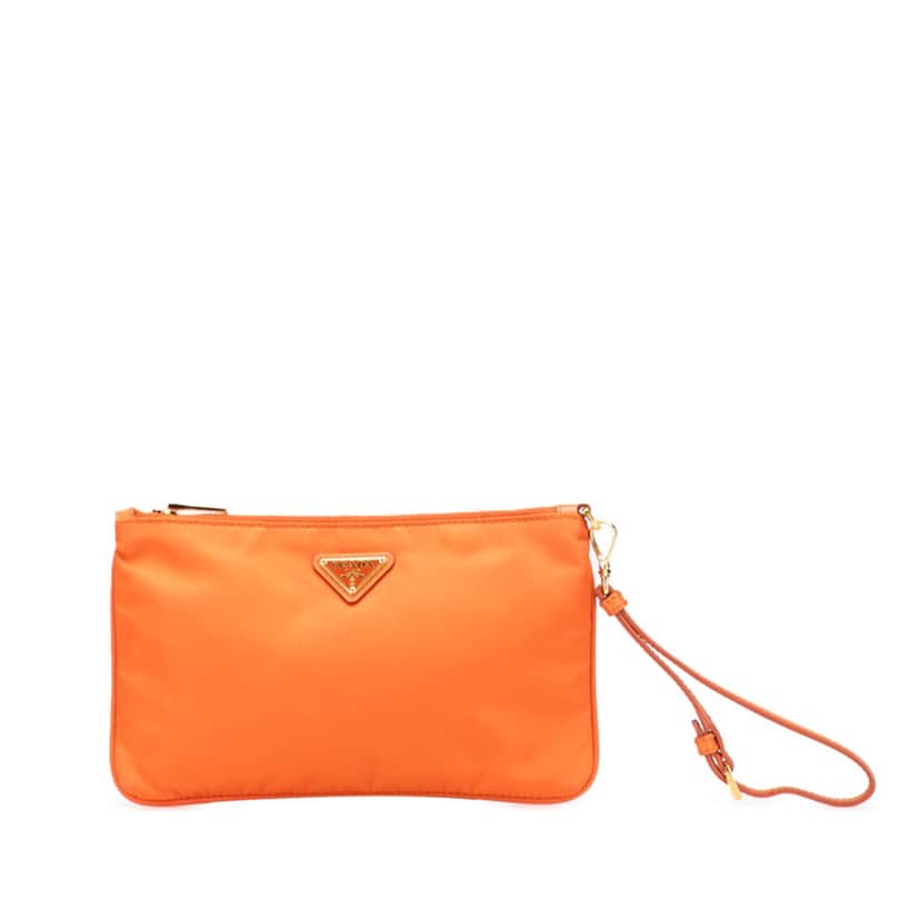 Prada Saffiano Trimmed Tessuto Wristlet Zip Pouch Orange Good condition - Front View
