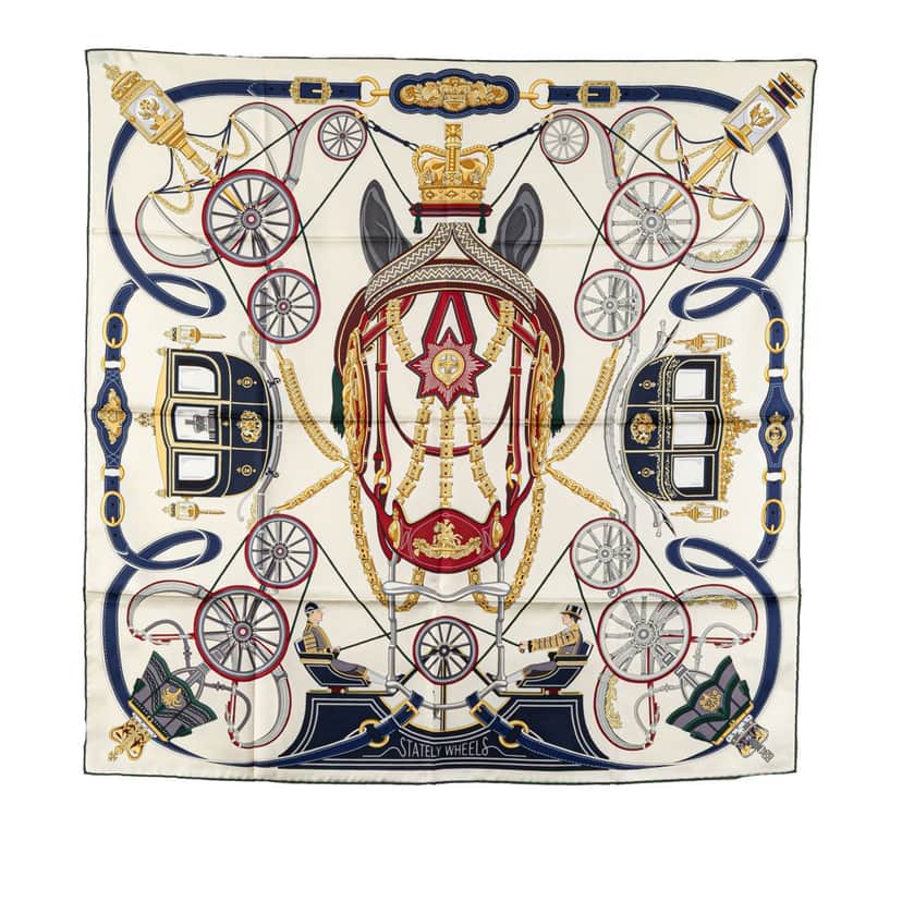 Hermès Stately Wheels Silk Scarf White Silk Good condition - Front View