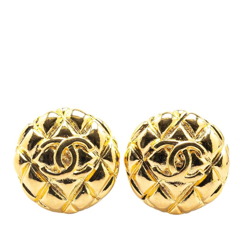 Chanel Gold Plated CC Quilted Clip On Earrings Gold Metal Good condition - Front View