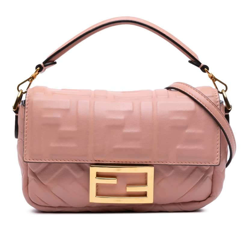 Fendi Mini Zucca Embossed Leather Baguette Satchel Pink Leather Good condition - Front View