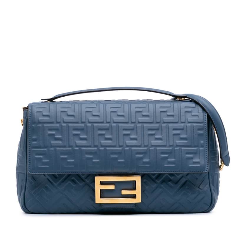 Fendi Large Zucca Embossed Leather Baguette Shoulder Bag Blue Leather Good condition - Front View