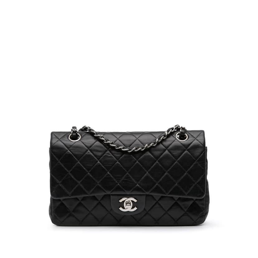 Chanel Medium Classic Lambskin Double Flap Black Leather Fair condition - Front View