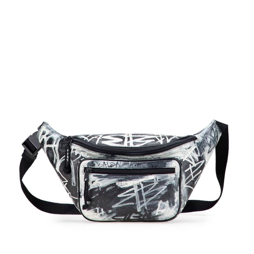 Balenciaga Lambskin Grafiti Explorer Belt Bag Black Leather Good condition - Front View