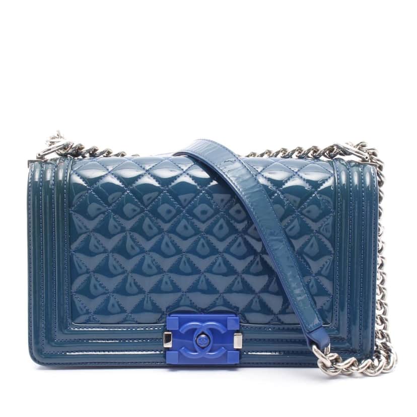 Chanel Old Medium Quilted Patent Acrylic Boy Flap Blue Leather Good condition - Front View