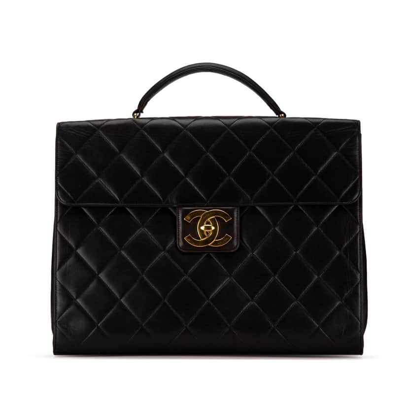 Chanel CC Quilted Lambskin Flap Briefcase Black Leather Good condition - Front View