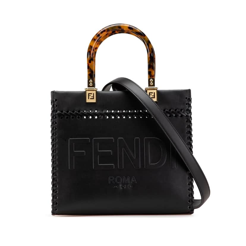 Fendi Small Whipstitch Leather Sunshine Shopper Tote Black Leather Good condition - Front View