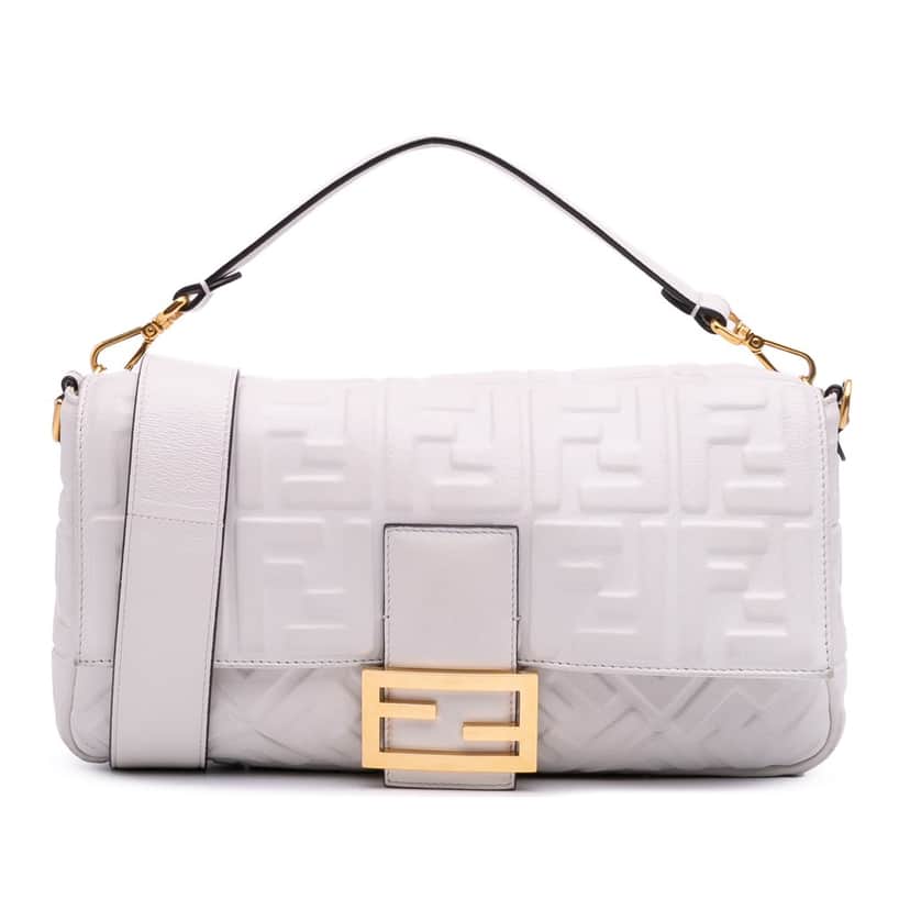 Fendi Large Zucca Embossed Leather Baguette Satchel White Leather Good condition - Front View