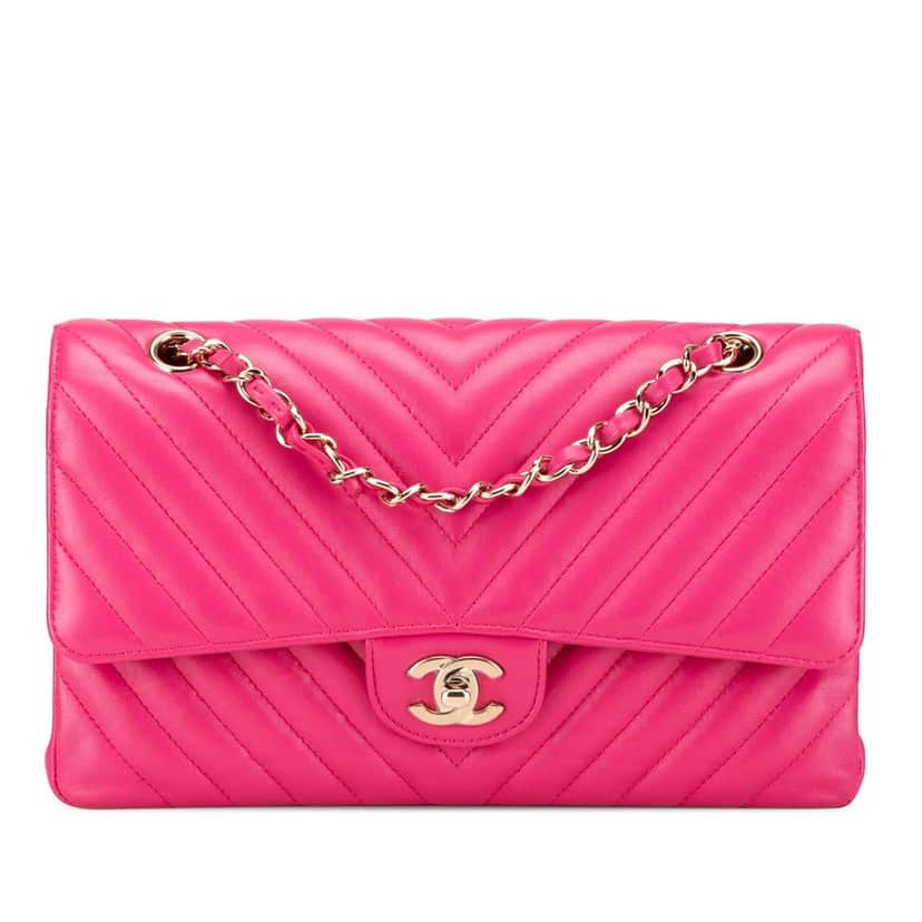 Chanel Medium Classic Chevron Lambskin Double Flap Pink Leather Good condition - Front View