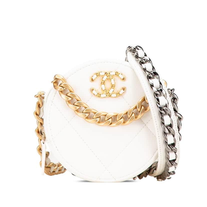Chanel Lambskin 19 Round Clutch with Chain White Leather Good condition - Front View