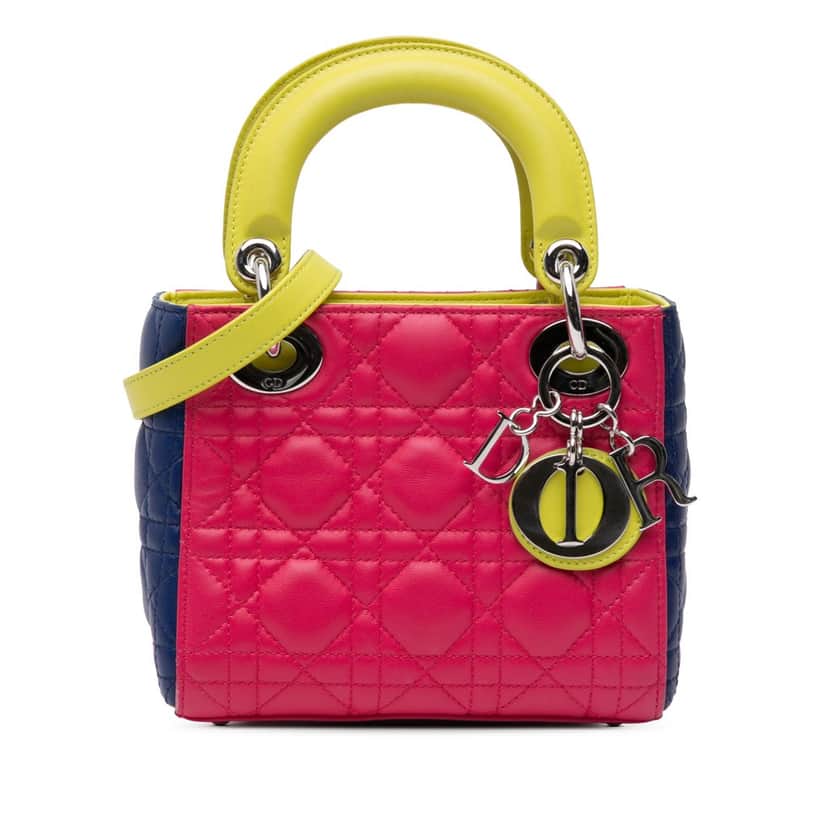 Dior Mini Tricolor Lambskin Cannage Lady Dior Pink Leather Very good condition - Front View