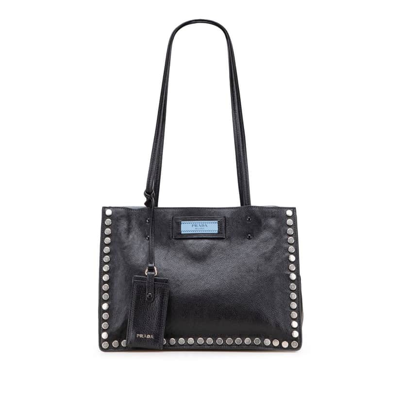Prada Glace Calf Studded Etiquette Tote Black Leather Good condition - Front View