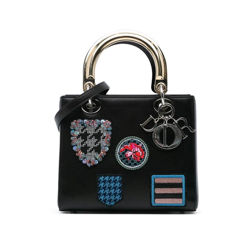 Dior Medium Calfskin Patch Embellished Lady Dior Black Leather Good condition - Front View
