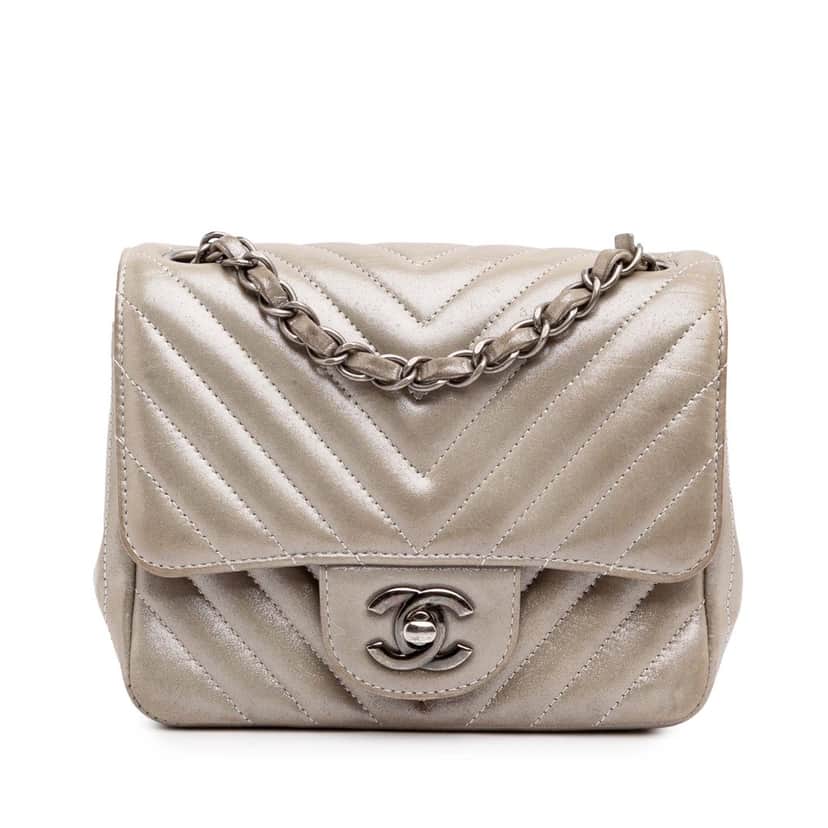 Chanel Mini Square Classic Chevron Iridescent Lambskin Single Flap Brown Leather Good condition - Front View