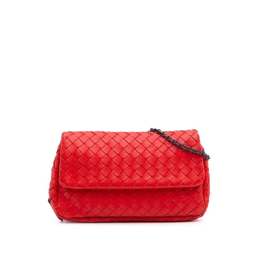 Bottega Veneta Mini Nappa Intrecciato Expandable Chain Crossbody Red Leather Good condition - Front View