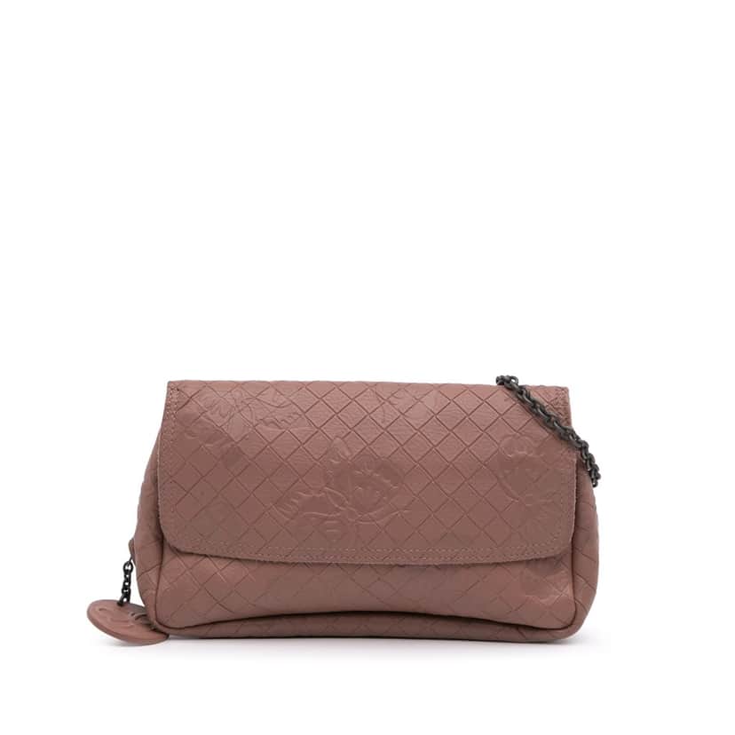 Bottega Veneta Small Calfskin Intrecciomirage Embossed Butterfly Chain Crossbody Pink Leather Very good condition - Front View