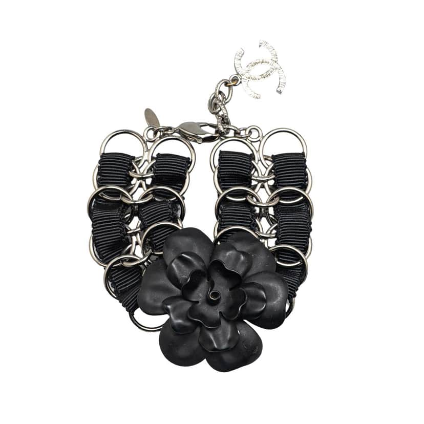 Chanel Nylon Resin Camellia Chain Ribbon Bracelet Black Good condition - Front View