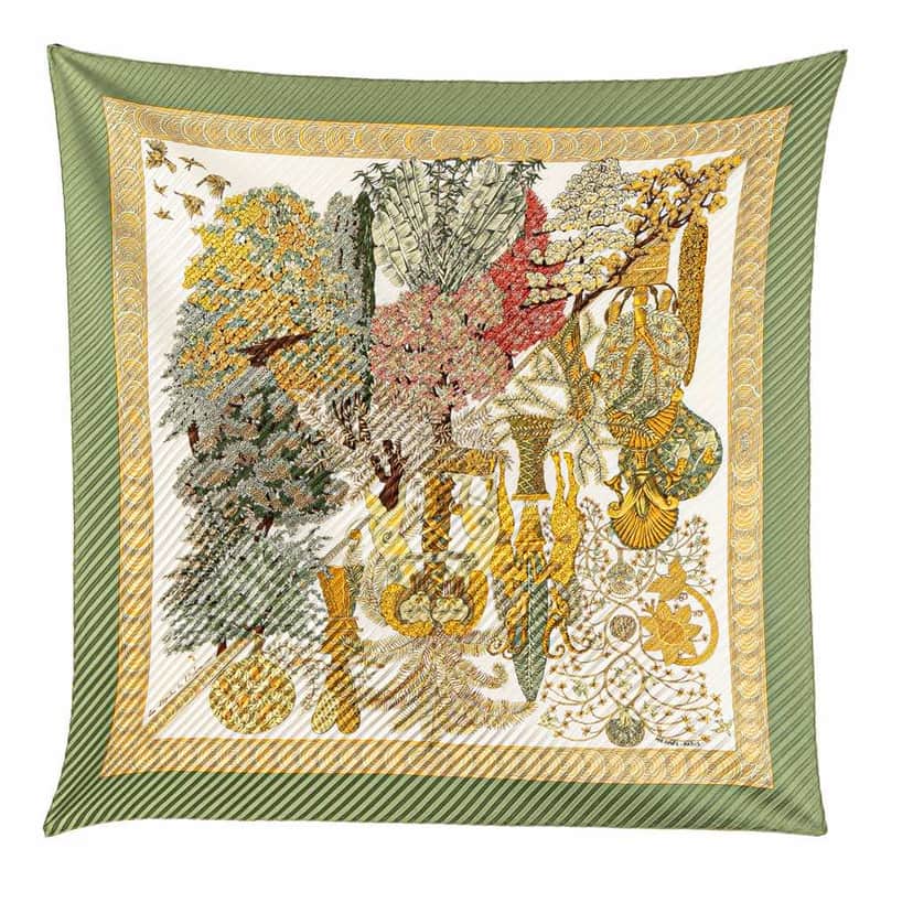Hermès Les Legendes de L Arbre Pleated Silk Scarf Green Silk Good condition - Front View