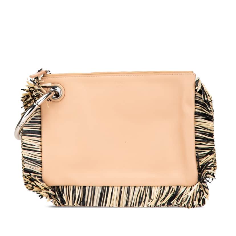 Fendi Zucca Leather and Raffia Triplette Clutch Brown Leather Good condition - Front View