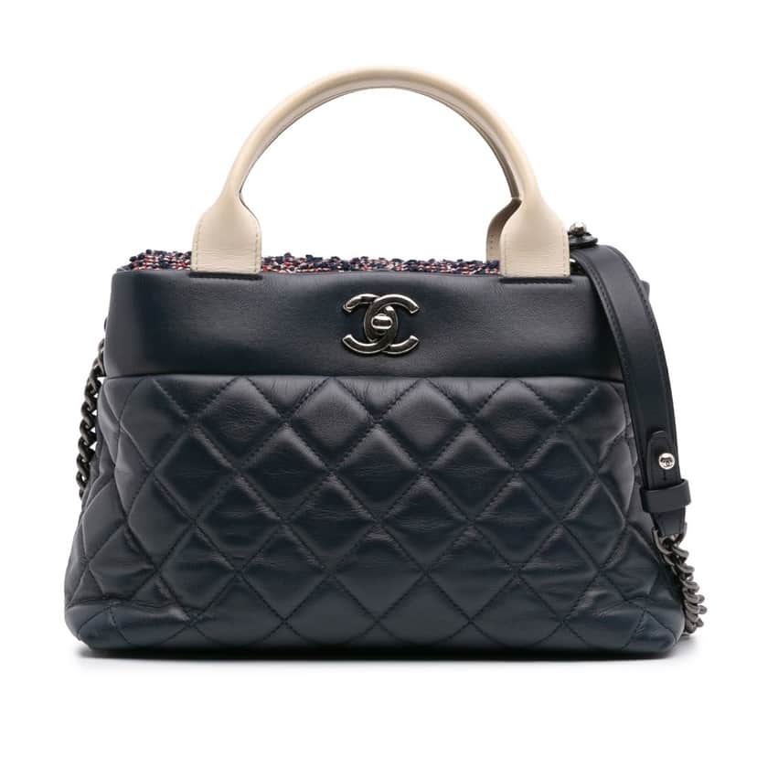 Chanel Small Quilted Calfskin and Tweed Top Handle Tote Blue Leather Good condition - Front View