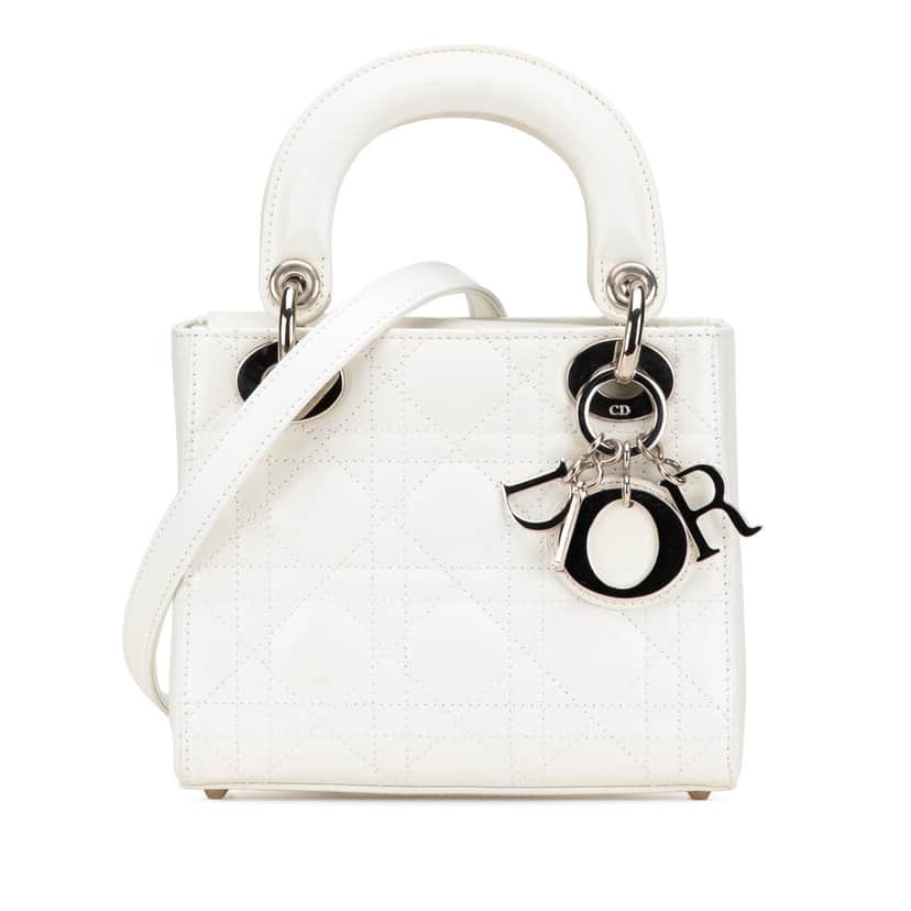 Dior Mini Lambskin Cannage Lady Dior White Leather Good condition - Front View