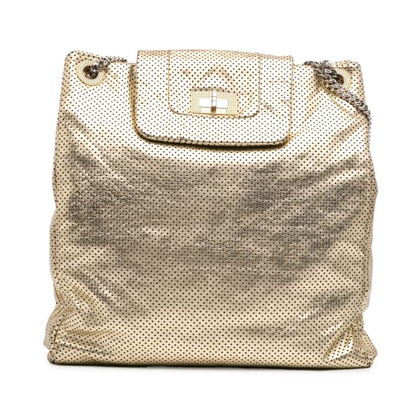Chanel Perforated Crackled Metallic Calfskin Drill Tote Gold Leather Very good condition - Front View