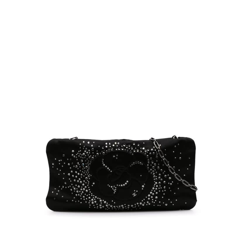 Chanel Satin Diamante Camellia Clutch with Chain Black Satin Good condition - Front View