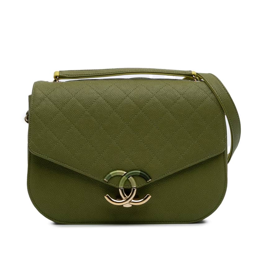 Chanel Medium Quilted Caviar Thread Around Flap Green Leather Good condition - Front View