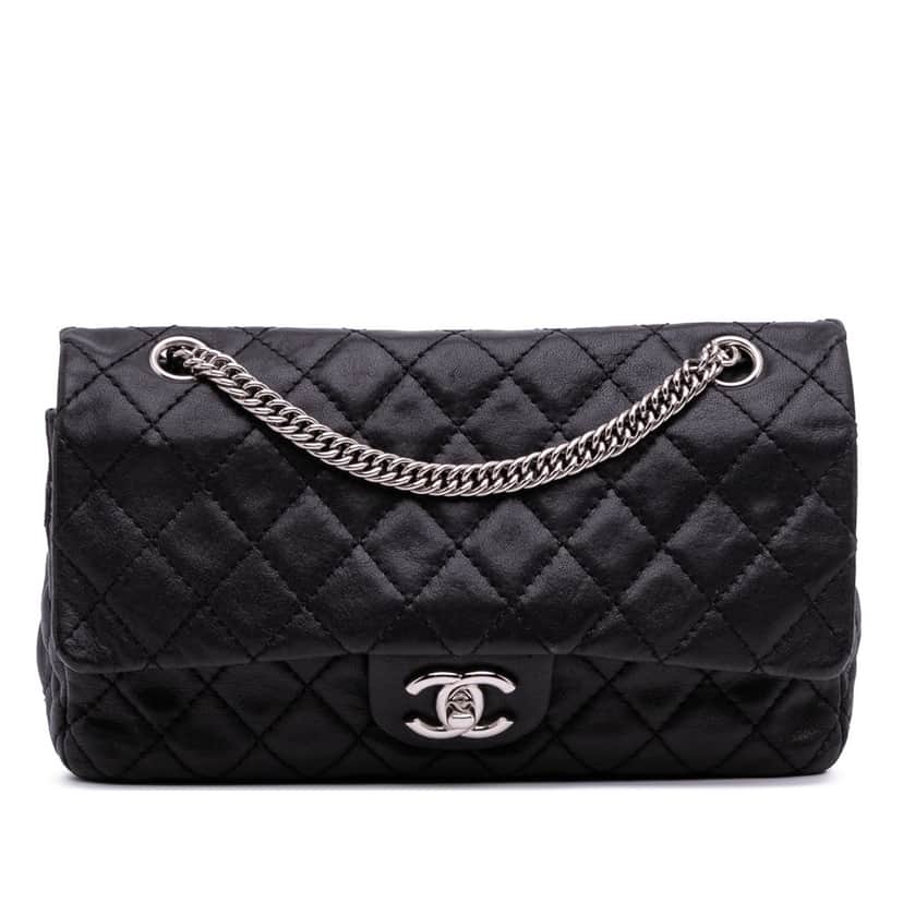 Chanel Medium Classic Washed Lambskin Bijoux Chain Double Flap Black Leather Good condition - Front View