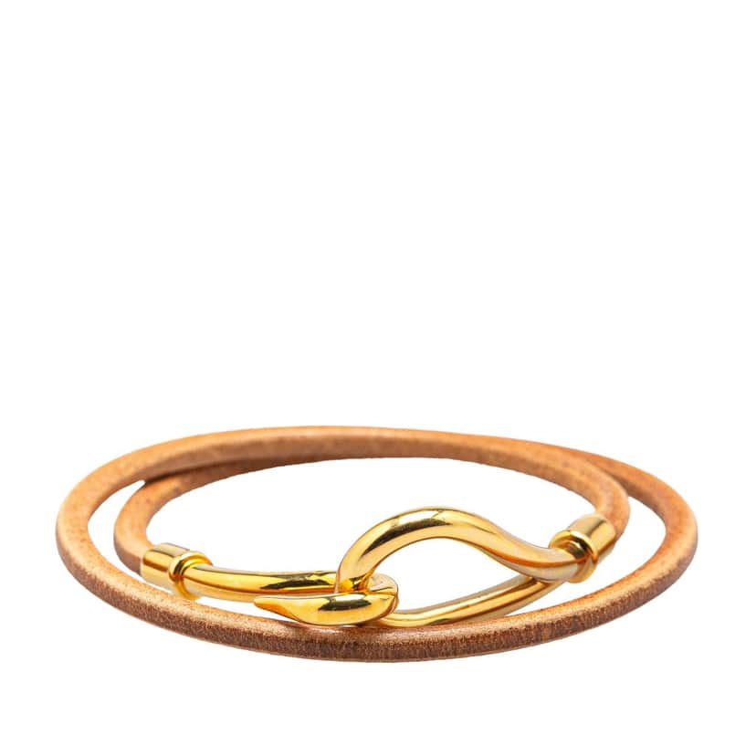 Hermès Gold Plated and Leather Jumbo Hook Double Tour Bracelet Gold Metal Good condition - Front View