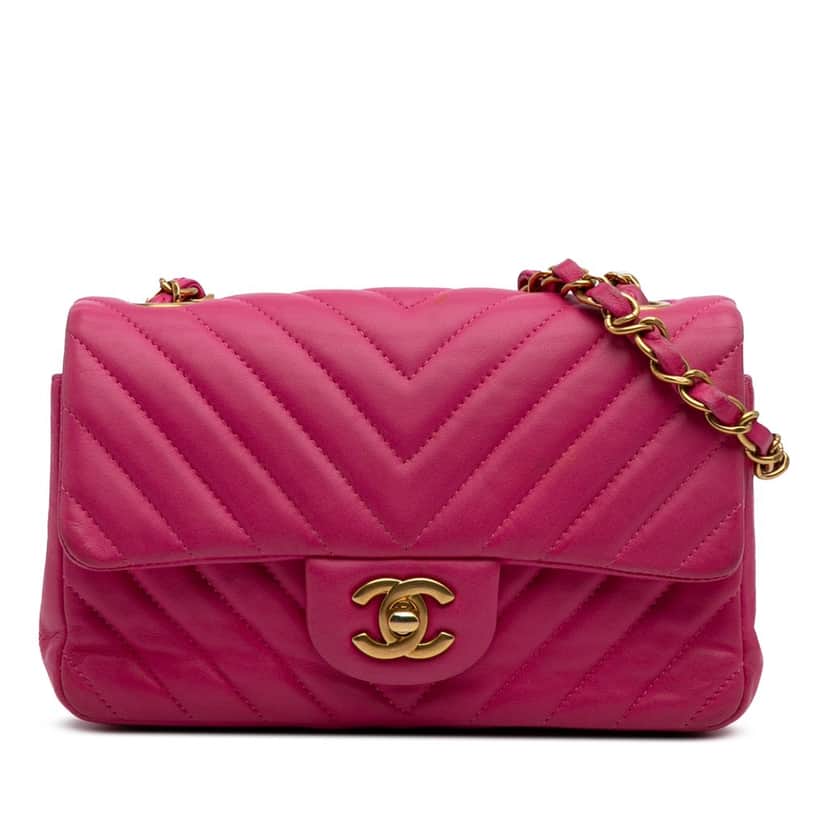 Chanel Mini Rectangular Classic Chevron Lambskin Single Flap Pink Leather Very good condition - Front View