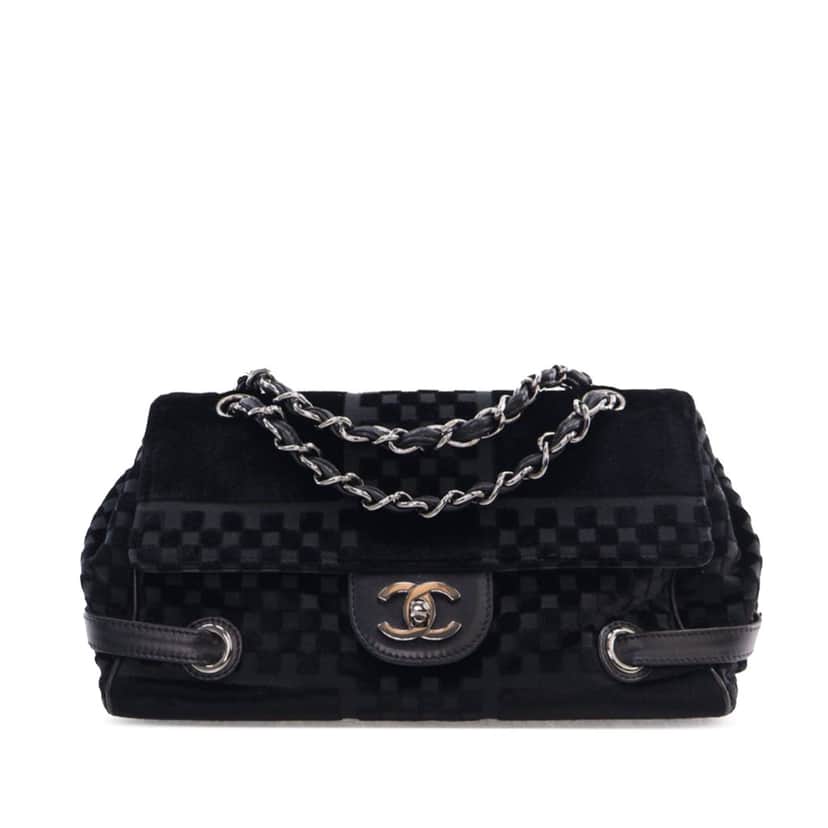 Chanel CC Check Embossed Velvet Belted Side Flap Black Velvet Good condition - Front View