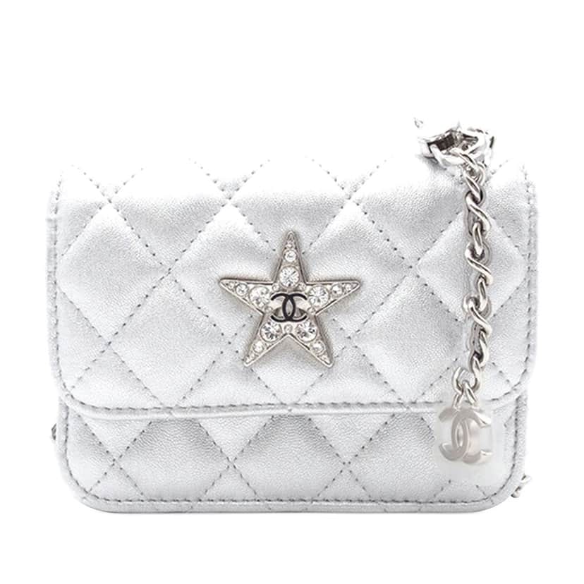 Chanel Metallic Lambskin Crystal Star Chain Belt Bag Silver Leather Good condition - Front View