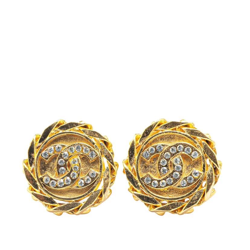 Chanel Gold Plated CC Crystal Clip On Earrings Gold Metal Good condition - Front View