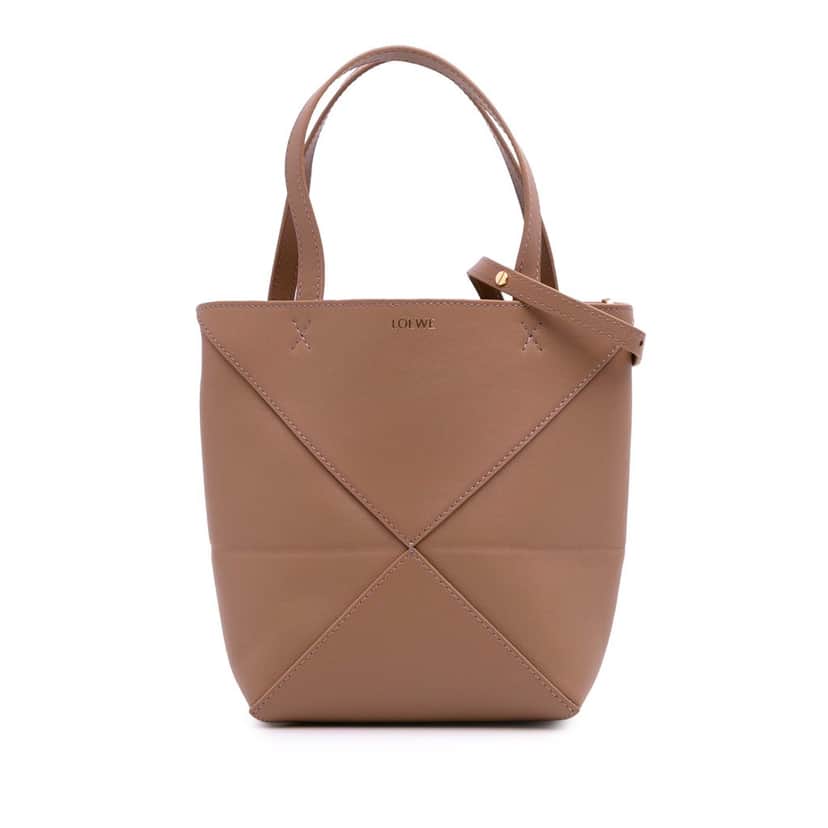 Loewe Mini Shiny Calfskin Puzzle Fold Tote Brown Leather Good condition - Front View