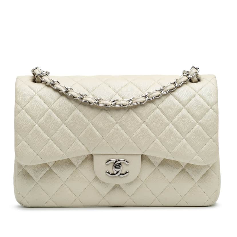 Chanel Jumbo Classic Caviar Double Flap White Leather Good condition - Front View