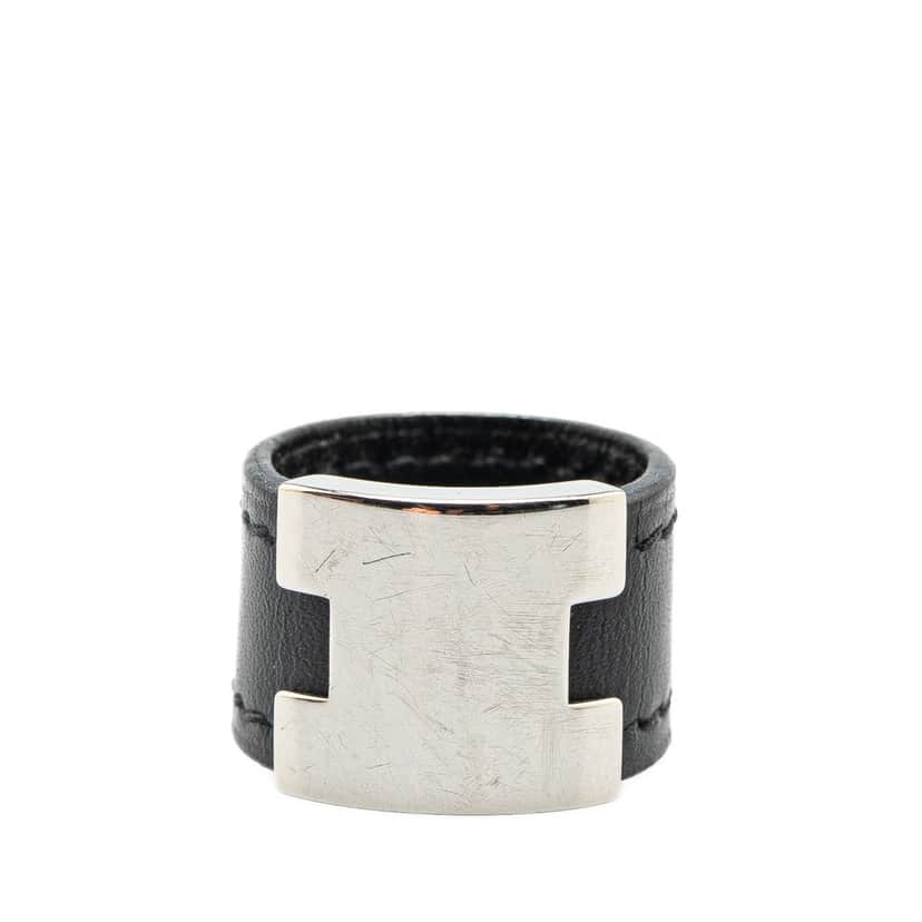 Hermès Leather and Palladium Plated Lurie Ring Black Leather Good condition - Front View