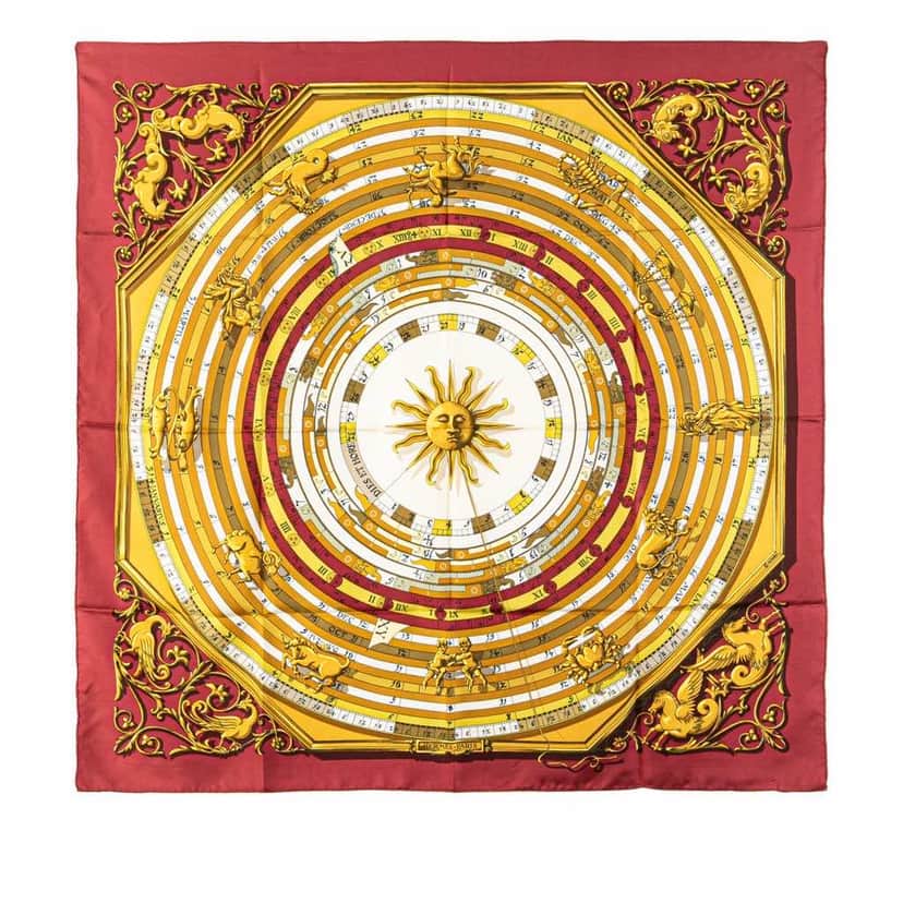 Hermès Astrologie Dies et Hore Silk Scarf 90 Red Silk Good condition - Front View