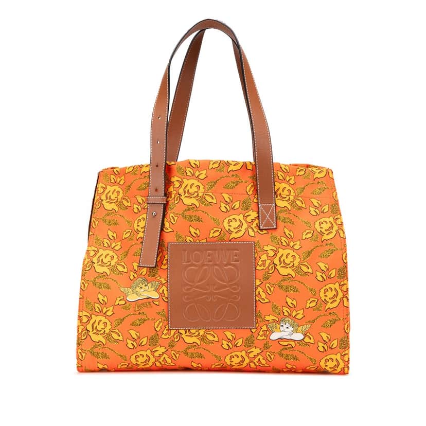 Loewe Paulas Ibiza Canvas Floral Print Tote Orange Canvas Good condition - Front View