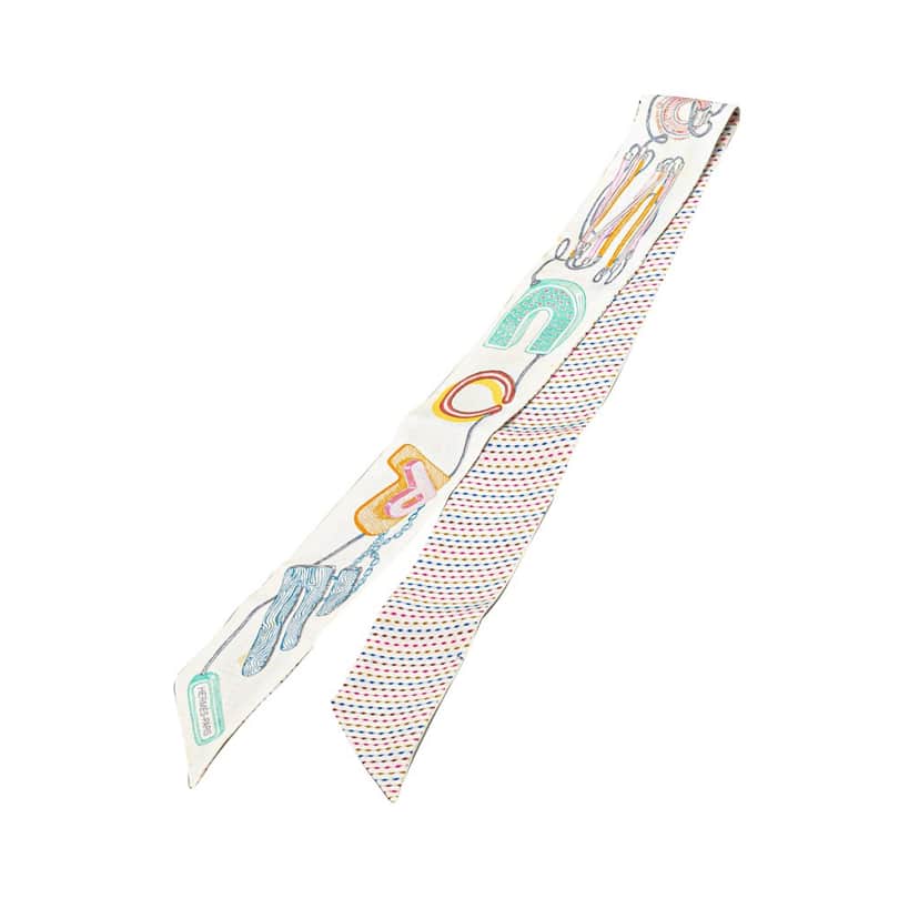 Hermès Chevaloscope Neon Embroidered Silk Twilly Scarf White Silk Good condition - Front View