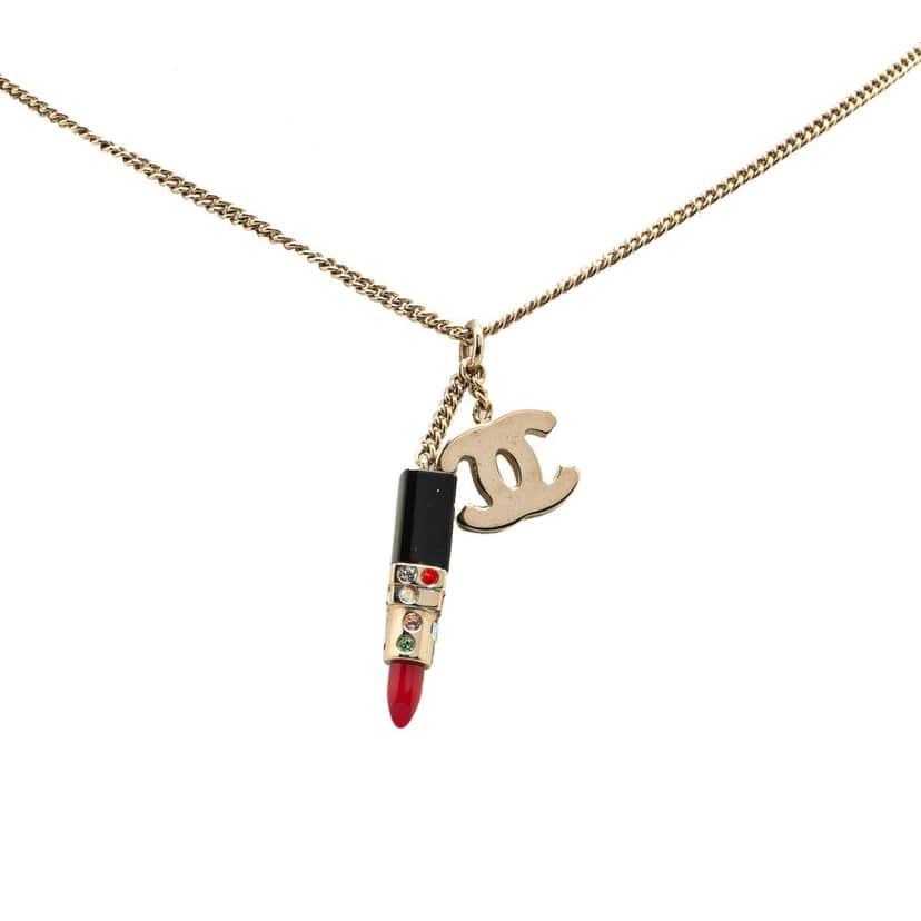 Chanel Gold Plated CC Lipstick Pendant Necklace Gold Metal Good condition - Front View
