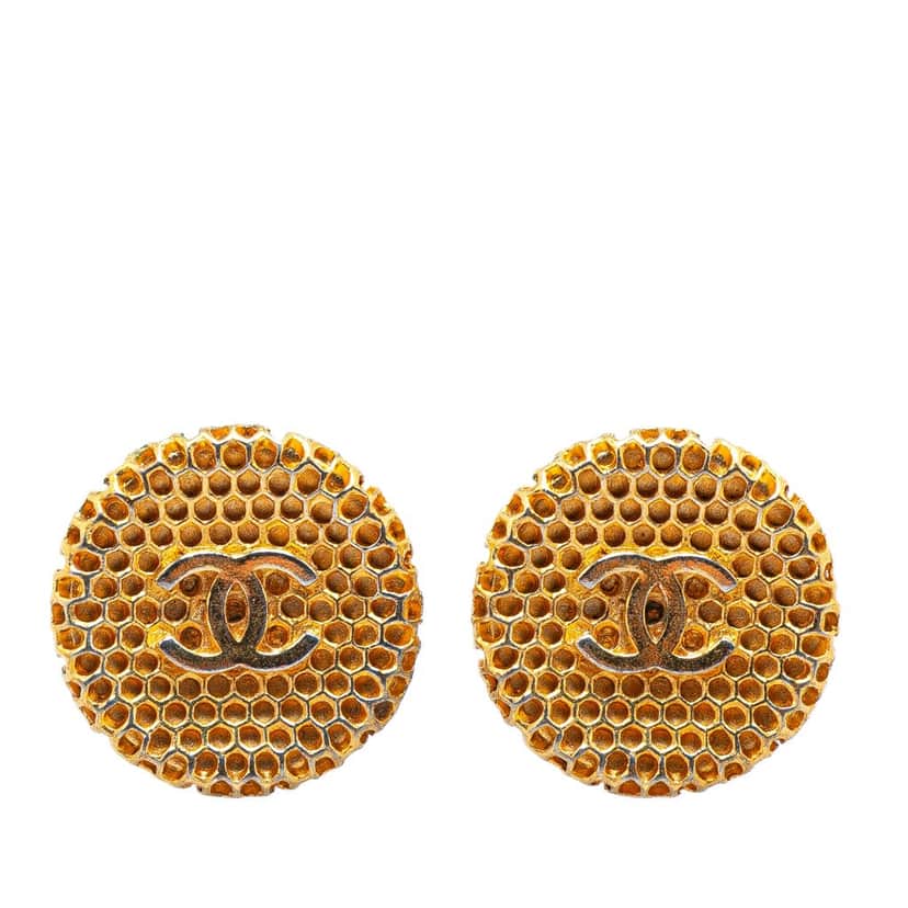 Chanel Gold Plated CC Honeycomb Clip on Earrings Gold Metal Good condition - Front View