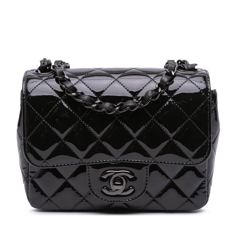 Chanel Mini Square Classic Patent So Black Single Flap Black Leather Good condition - Front View
