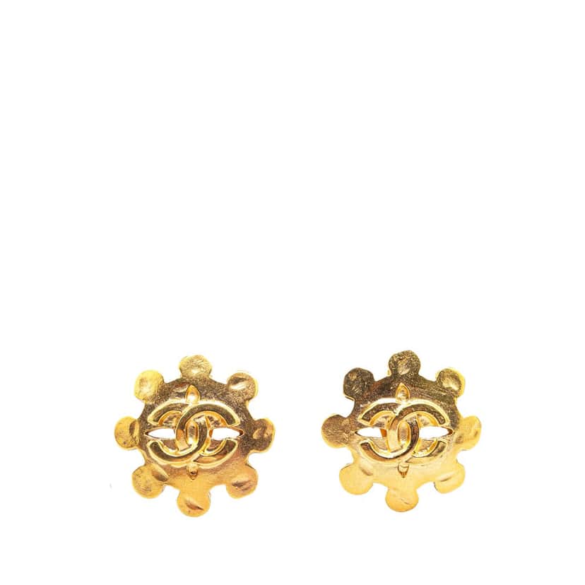 Chanel Gold Plated CC Floral Clip On Earrings Gold Metal Good condition - Front View