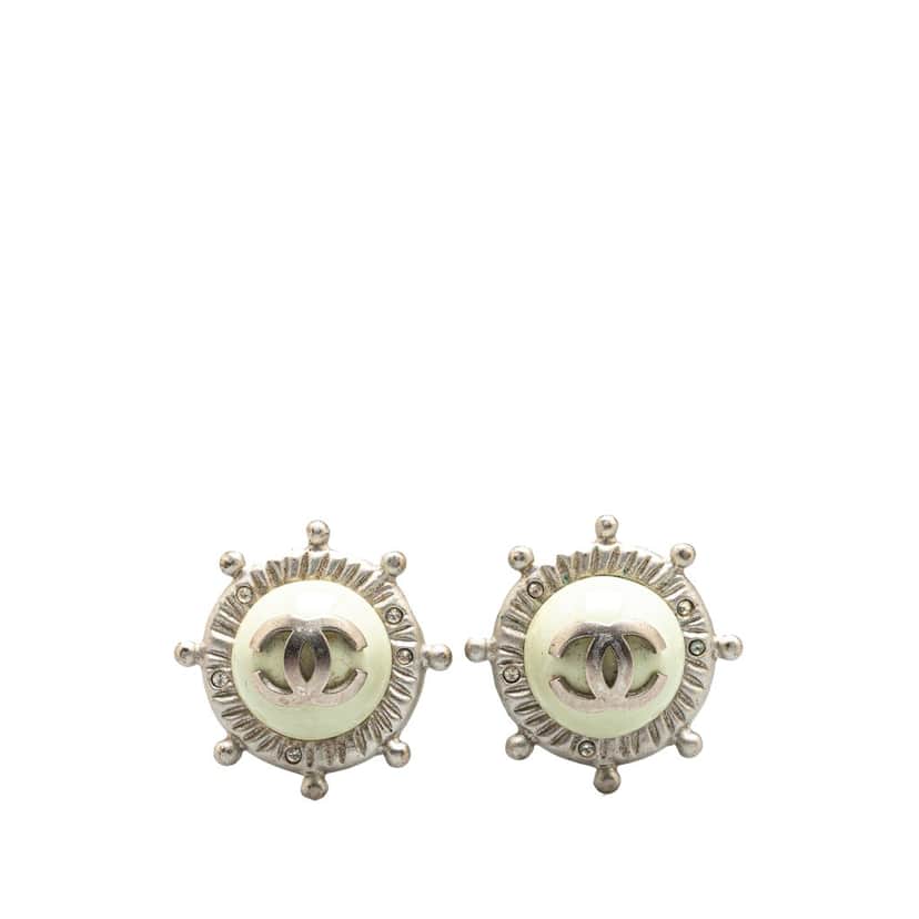 Chanel Silver CC Faux Pearl Clip On Earrings Silver Silver Good condition - Front View